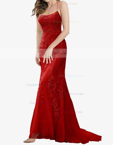 Trumpet/Mermaid Square Neckline Tulle Sweep Train Beading Prom Dresses #Favs020107957