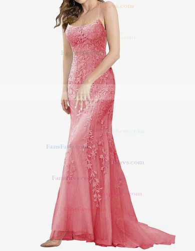 Trumpet/Mermaid Square Neckline Tulle Sweep Train Beading Prom Dresses #Favs020107957