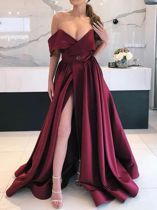 A-line Off-the-shoulder Satin Sweep Train Sashes / Ribbons Prom Dresses #Favs020107959