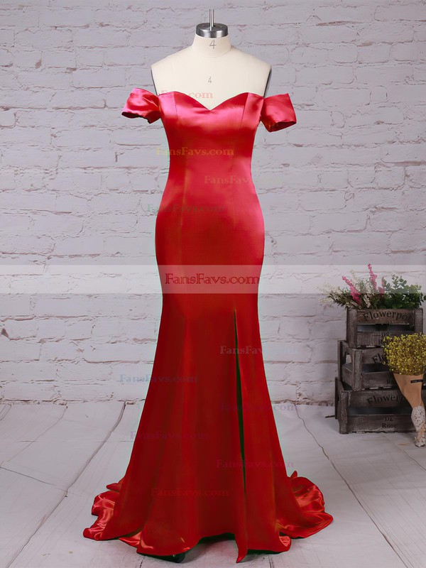 Trumpet/Mermaid Off-the-shoulder Silk-like Satin Sweep Train Split Front Prom Dresses #Favs020104594