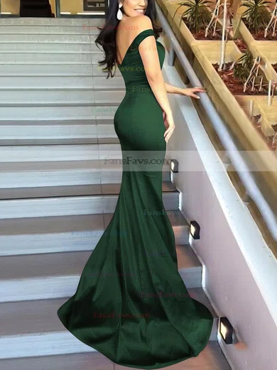 Trumpet/Mermaid Off-the-shoulder Silk-like Satin Sweep Train Split Front Prom Dresses #Favs020104594