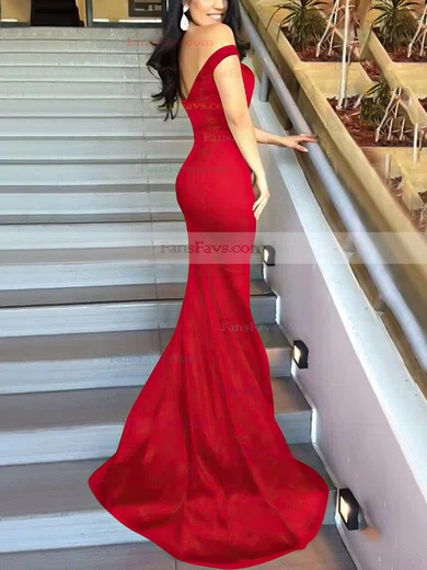 Trumpet/Mermaid Off-the-shoulder Silk-like Satin Sweep Train Split Front Prom Dresses #Favs020104594