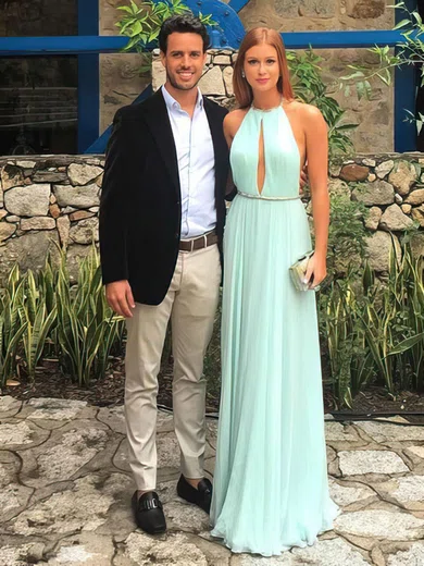 A-line Halter Chiffon Floor-length Prom Dresses #Favs020104602