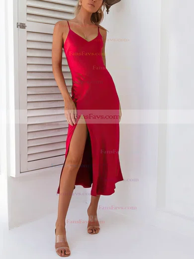 Sheath/Column V-neck Silk-like Satin Tea-length Split Front Prom Dresses #Favs020106561