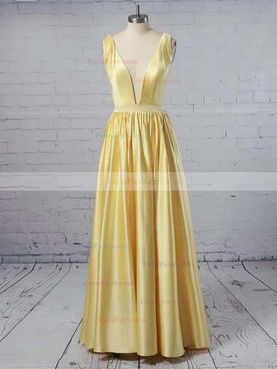 A-line V-neck Satin Floor-length Ruffles Prom Dresses #Favs020104605