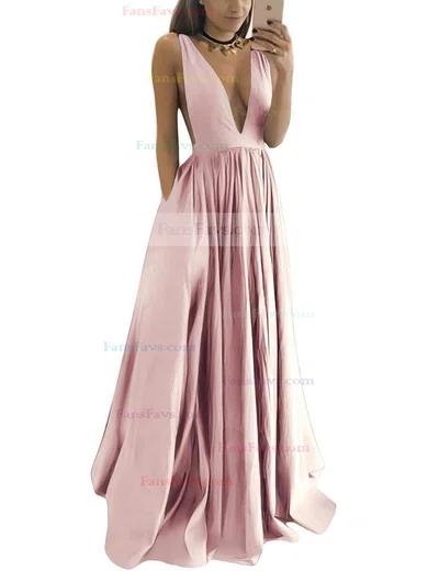 A-line V-neck Satin Floor-length Ruffles Prom Dresses #Favs020104605