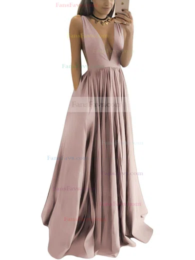 A-line V-neck Satin Floor-length Ruffles Prom Dresses #Favs020104605