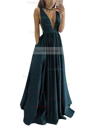 A-line V-neck Satin Floor-length Ruffles Prom Dresses #Favs020104605
