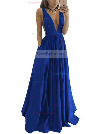 A-line V-neck Satin Floor-length Ruffles Prom Dresses #Favs020104605