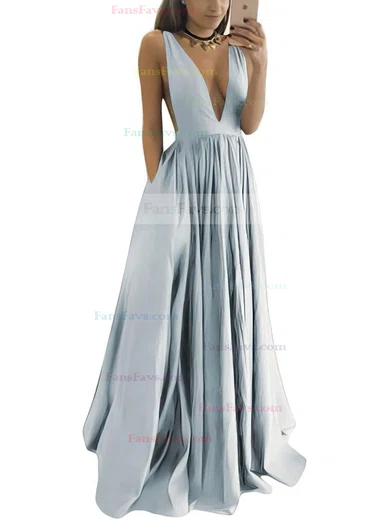 A-line V-neck Satin Floor-length Ruffles Prom Dresses #Favs020104605