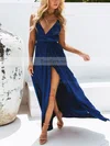 A-line V-neck Silk-like Satin Ankle-length Split Front Prom Dresses #Favs020106577