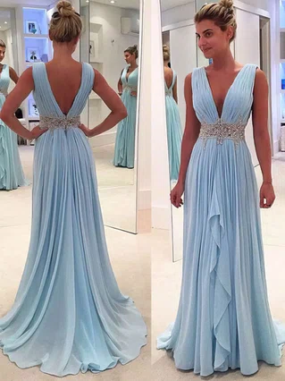 A-line V-neck Chiffon Sweep Train Beading Prom Dresses #Favs020104606 A-line V-neck Chiffon Sweep Train Beading Prom Dresses #Favs020104606