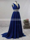 A-line V-neck Chiffon Sweep Train Beading Prom Dresses #Favs020104606