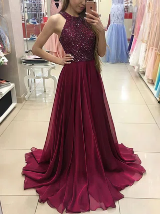 A-line Scoop Neck Chiffon Floor-length Beading Prom Dresses #Favs020104608