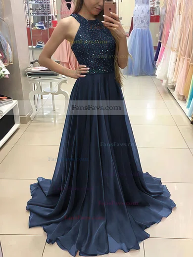 A-line Scoop Neck Chiffon Floor-length Beading Prom Dresses #Favs020104608