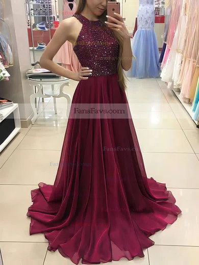 A-line Scoop Neck Chiffon Floor-length Beading Prom Dresses #Favs020104608