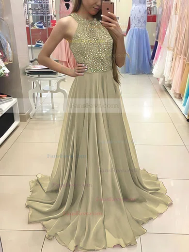 A-line Scoop Neck Chiffon Floor-length Beading Prom Dresses #Favs020104608