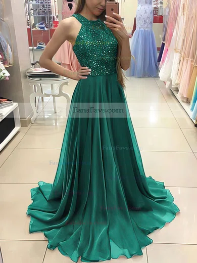 A-line Scoop Neck Chiffon Floor-length Beading Prom Dresses #Favs020104608