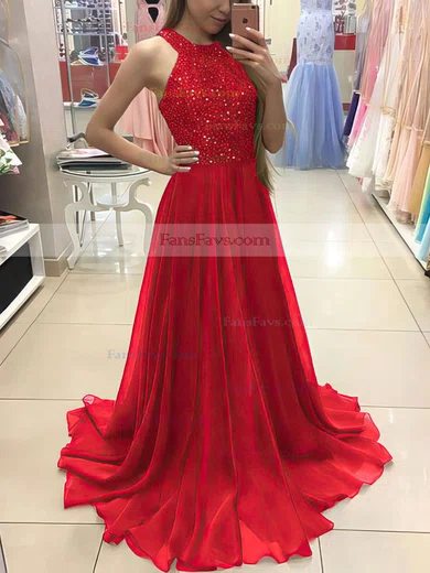 A-line Scoop Neck Chiffon Floor-length Beading Prom Dresses #Favs020104608