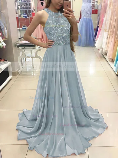 A-line Scoop Neck Chiffon Floor-length Beading Prom Dresses #Favs020104608