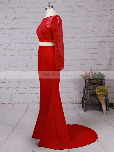 Trumpet/Mermaid Scoop Neck Lace Jersey Sweep Train Buttons Prom Dresses #Favs020103323