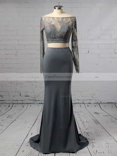 Trumpet/Mermaid Scoop Neck Lace Jersey Sweep Train Buttons Prom Dresses #Favs020103323