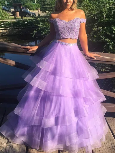 A-line Off-the-shoulder Tulle Sweep Train Beading Prom Dresses #Favs020107594