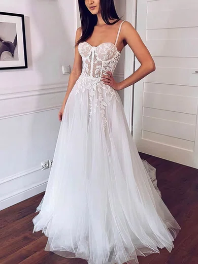 A-line Sweetheart Tulle Sweep Train Appliques Lace Prom Dresses #Favs020107596