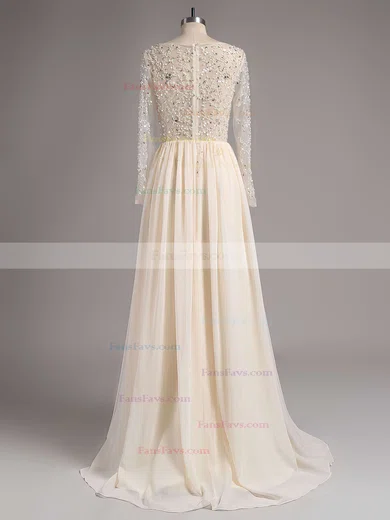 A-line Scoop Neck Tulle Chiffon Sweep Train Beading Prom Dresses #Favs02016063