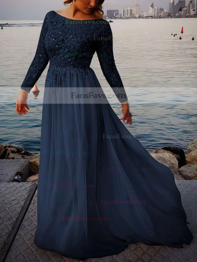 A-line Scoop Neck Tulle Chiffon Sweep Train Beading Prom Dresses #Favs02016063