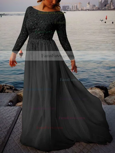 A-line Scoop Neck Tulle Chiffon Sweep Train Beading Prom Dresses #Favs02016063