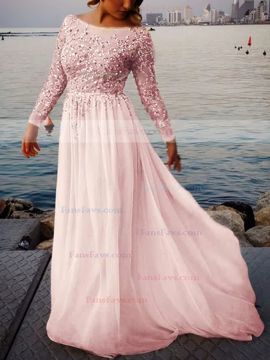 A-line Scoop Neck Tulle Chiffon Sweep Train Beading Prom Dresses #Favs02016063