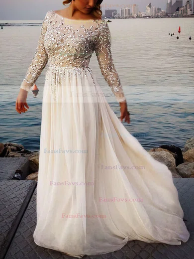 A-line Scoop Neck Tulle Chiffon Sweep Train Beading Prom Dresses #Favs02016063