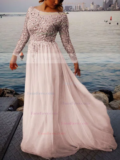 A-line Scoop Neck Tulle Chiffon Sweep Train Beading Prom Dresses #Favs02016063