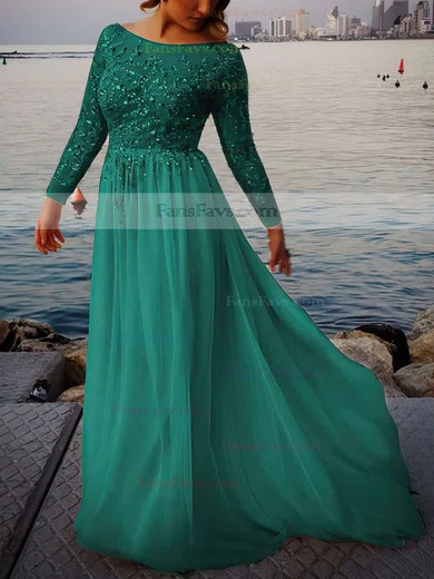 A-line Scoop Neck Tulle Chiffon Sweep Train Beading Prom Dresses #Favs02016063