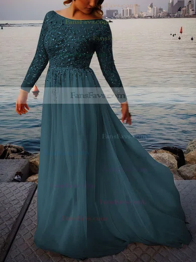 A-line Scoop Neck Tulle Chiffon Sweep Train Beading Prom Dresses #Favs02016063