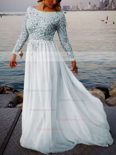 A-line Scoop Neck Tulle Chiffon Sweep Train Beading Prom Dresses #Favs02016063