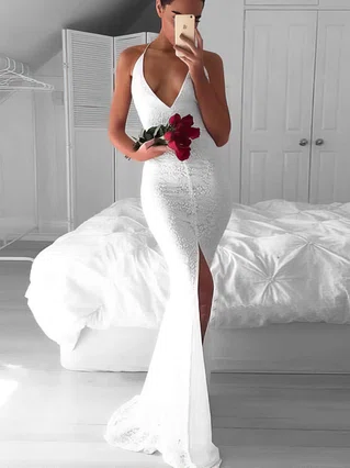 Trumpet/Mermaid V-neck Lace Sweep Train Split Front Prom Dresses #Favs020107599 Trumpet/Mermaid V-neck Lace Sweep Train Split Front Prom Dresses #Favs020107599