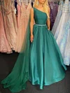 A-line One Shoulder Satin Sweep Train Beading Prom Dresses #Favs020107606