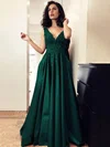 A-line V-neck Satin Sweep Train Appliques Lace Prom Dresses #Favs020107609