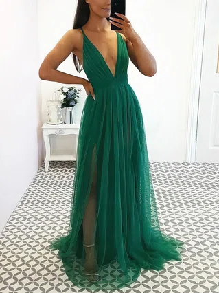 A-line V-neck Tulle Sweep Train Ruffles Prom Dresses #Favs020107610 A-line V-neck Tulle Sweep Train Ruffles Prom Dresses #Favs020107610