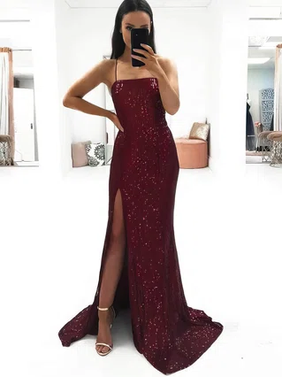 Sheath/Column Square Neckline Sequined Sweep Train Split Front Prom Dresses #Favs020107612 Sheath/Column Square Neckline Sequined Sweep Train Split Front Prom Dresses #Favs020107612