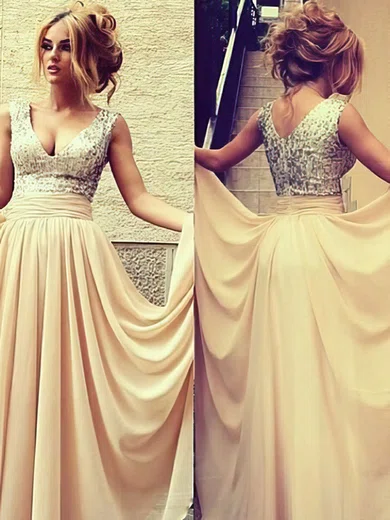 A-line V-neck Chiffon Sequined Floor-length Prom Dresses #Favs02016329