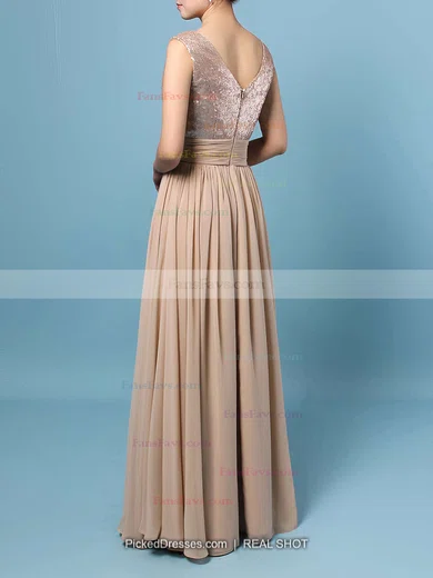 A-line V-neck Chiffon Sequined Floor-length Prom Dresses #Favs02016329