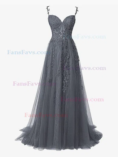 A-line Off-the-shoulder Tulle Sweep Train Beading Prom Dresses #Favs020107620