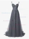 A-line Off-the-shoulder Tulle Sweep Train Beading Prom Dresses #Favs020107620