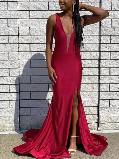 Trumpet/Mermaid V-neck Silk-like Satin Sweep Train Split Front Prom Dresses #Favs020107623