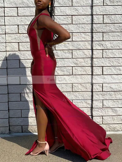 Trumpet/Mermaid V-neck Silk-like Satin Sweep Train Split Front Prom Dresses #Favs020107623