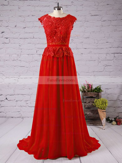 A-line Scoop Neck Chiffon Floor-length Appliques Lace Prom Dresses #Favs02016789