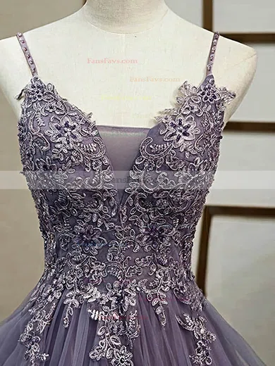 A-line V-neck Tulle Sweep Train Appliques Lace Prom Dresses #Favs020107628